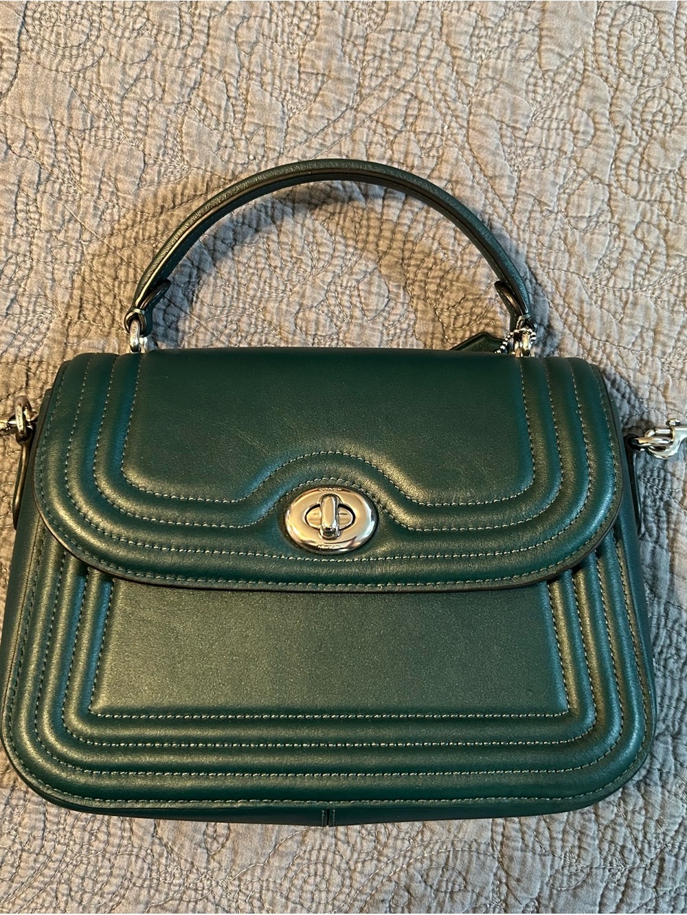 Coach Leather Marlie Border Quilting Top Handle Satchel Metallic Ivy